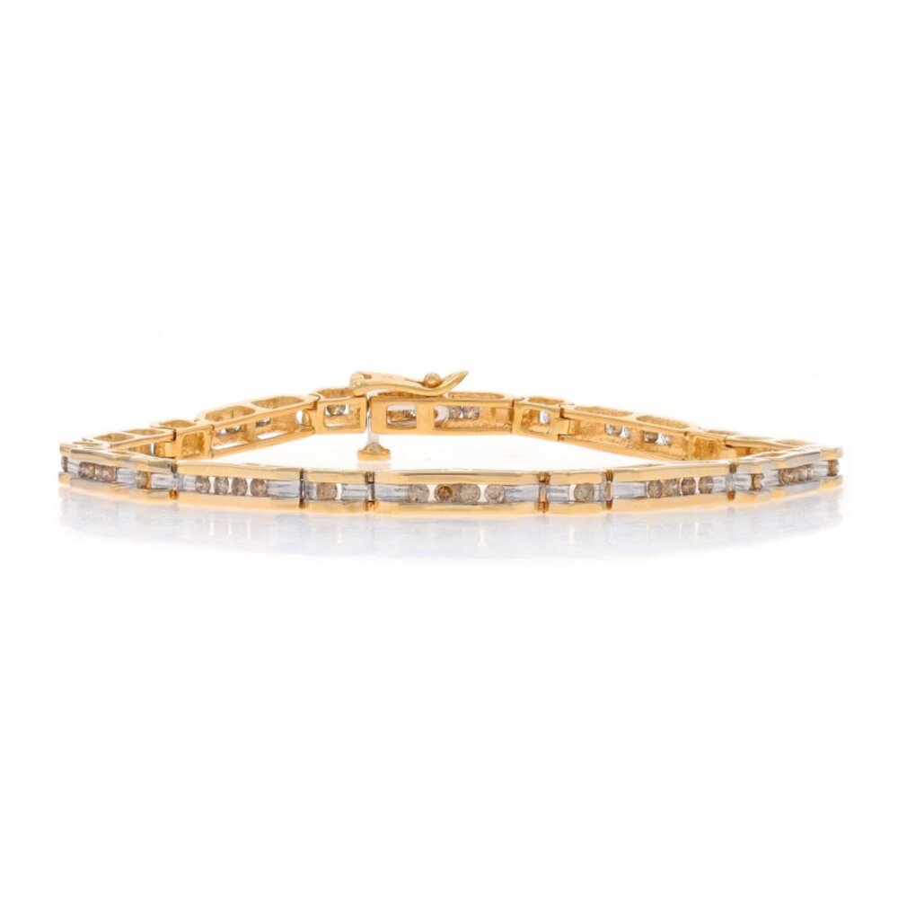 Yellow Gold Diamond Angled Link Bracelet 7 1/4" - 14k Rd 1.00ctw Channel Brown